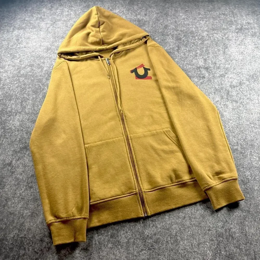 True Religion Men’s XL Tan Buddha Guitar Graphic Zip Up Hoodie Y2K
